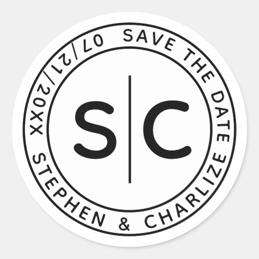 Moderne Monogram Ronde Bruiloft Sla de datum op Ronde Sticker (Voorkant)