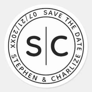 Moderne Monogram Ronde Bruiloft Sla de datum op Sticker