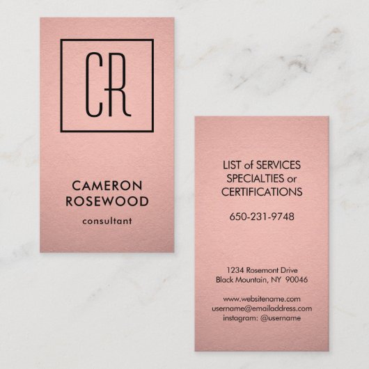 Moderne monogram Roos Gold Faux Folie Roze Vertica Visitekaartje (Voorkant / Achterkant)