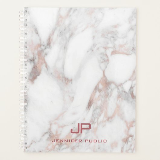 Moderne monogram Roos Gold White Marble Elegant Planner (Voorkant)
