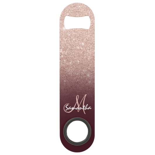 Moderne monogram roos gouden glitter ombre bordeau speed flessenopener (Voorkant)