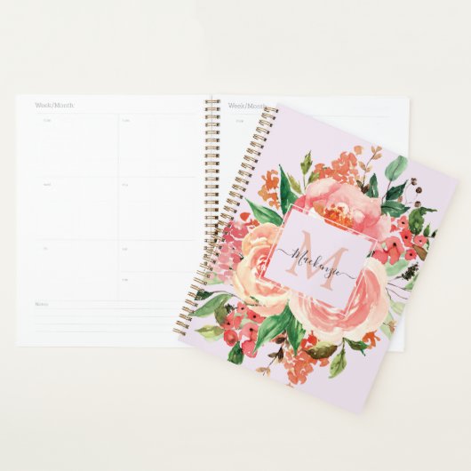 Moderne Monogram Roze Bloemboeket Planner (Display)
