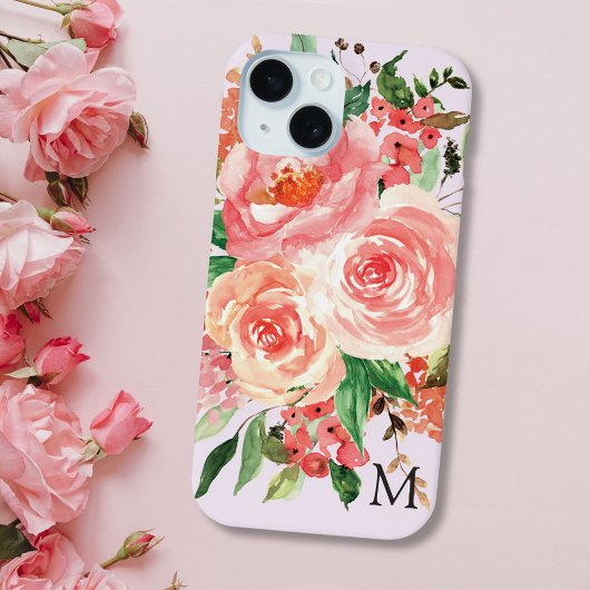 Moderne Monogram Roze Bloemen Boeket Case-Mate iPhone Case
