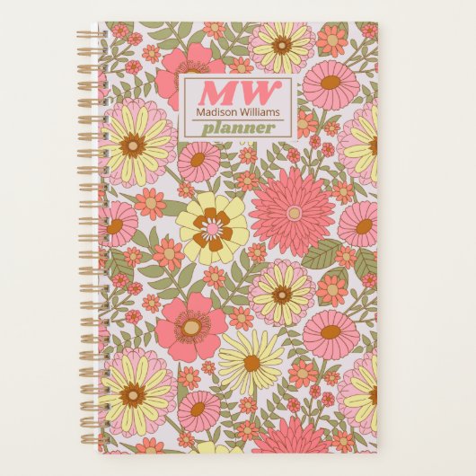 Moderne monogram roze Floral Pattern 2023 Planner (Voorkant)
