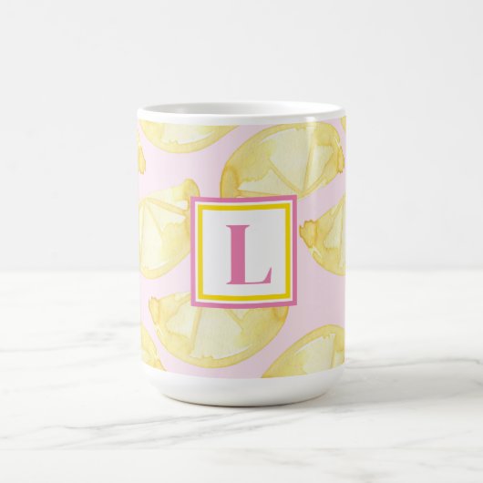 Moderne Monogram Roze Gele Citroen Print Koffiemok (Center)