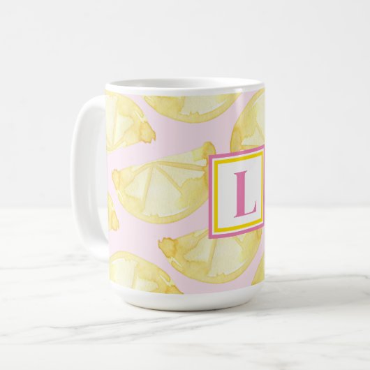 Moderne Monogram roze gele Lemon Print Coffee Mok (Voorkant links)