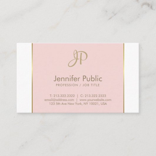 Moderne monogram roze goudwitte schone vlek op ren visitekaartje (Voorkant)