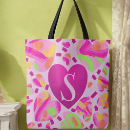 Moderne Monogram Roze Hart Geschilderde School Tote Bag