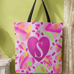 Moderne Monogram Roze Hart Geschilderde School Tote Bag