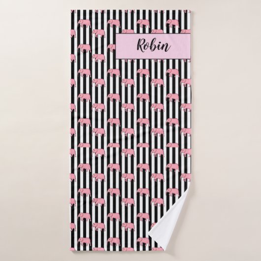 Moderne monogram roze olifantenpatroonstrips badhanddoek (Badhanddoek)