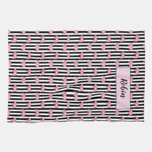 Moderne monogram roze olifantenpatroonstrips theedoek (Horizontaal)