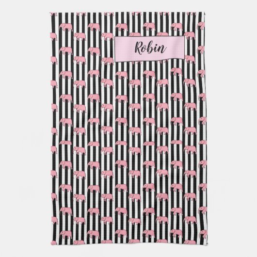 Moderne monogram roze olifantenpatroonstrips theedoek (Verticaal)
