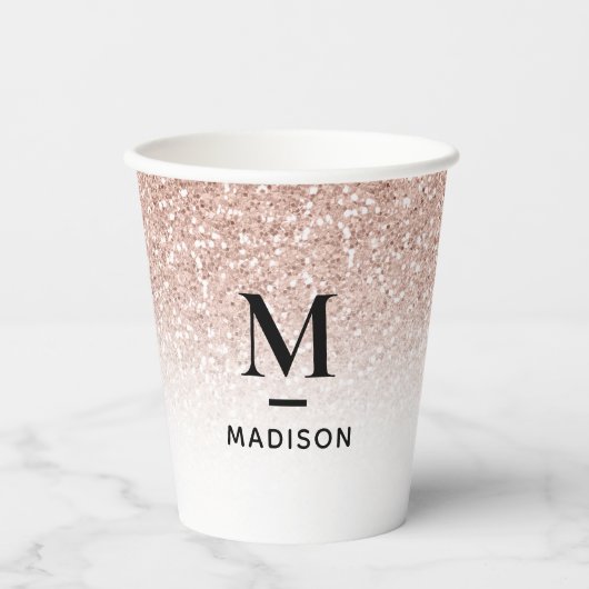 Moderne monogram roze Rose Gold Glitter Ombre Naam Papieren Bekers (Voorkant)