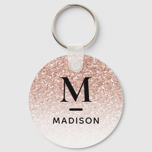 Moderne monogram roze Rose Gold Glitter Ombre Naam Sleutelhanger (Voorkant)
