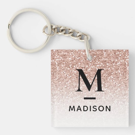 Moderne monogram roze Rose Gold Glitter Ombre Naam Sleutelhanger (voorkant)