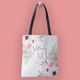 Moderne Monogram Roze Waterverf Bloemen Tote Bag