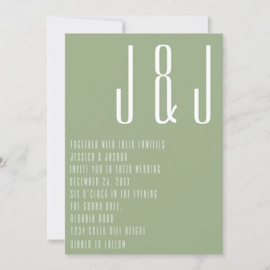 Moderne Monogram Sage Groene Minimalistische Bruil Kaart (Voorkant)