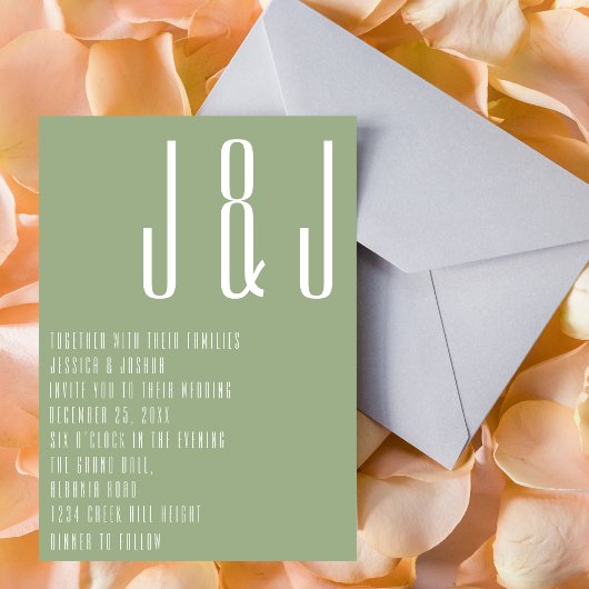 Moderne Monogram Sage Groene Minimalistische Bruil Kaart