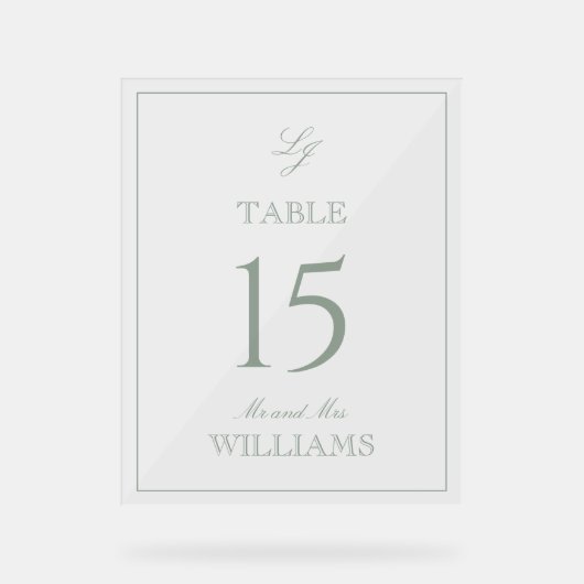 Moderne Monogram Sage Groene Trouwtafel Nummer Acryl Bord (Voorkant)