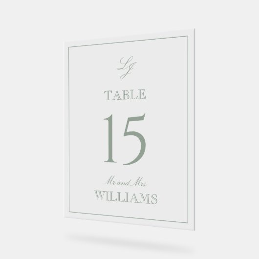 Moderne Monogram Sage Groene Trouwtafel Nummer Acryl Bord (Hoek)