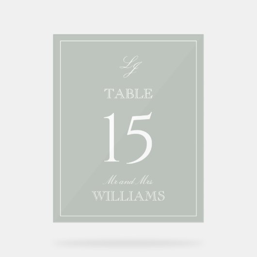 Moderne Monogram Sage Groene Trouwtafel Nummer Acryl Bord (Voorkant)