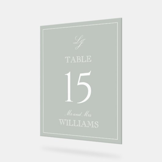 Moderne Monogram Sage Groene Trouwtafel Nummer Acryl Bord (Hoek)