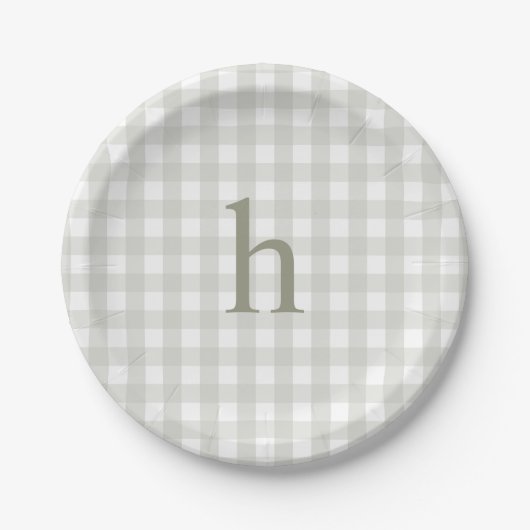 Moderne Monogram Sagegroene Gingham Papieren Bordje (Voorkant)
