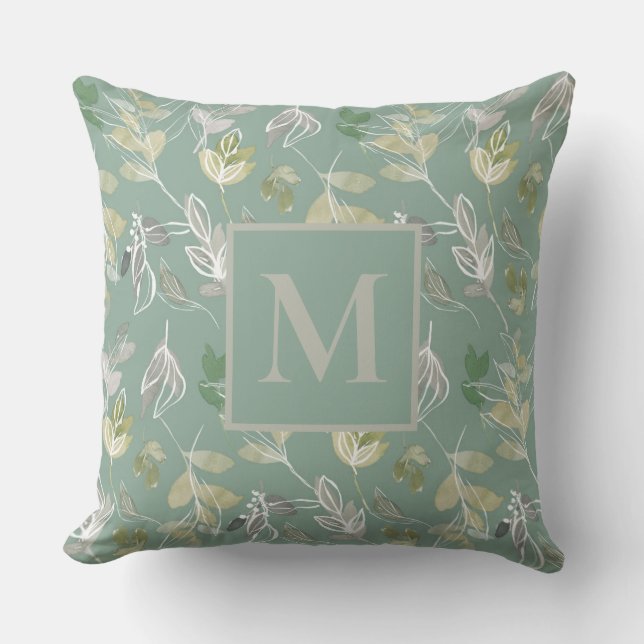 Moderne Monogram Sagegroene Zilveren Bladeren Loof Buitenkussen (Voorkant)