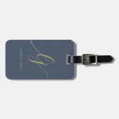 Moderne Monogram Script Calligrafie Navy Blue Gold Bagagelabel (Voorkant horizontaal)