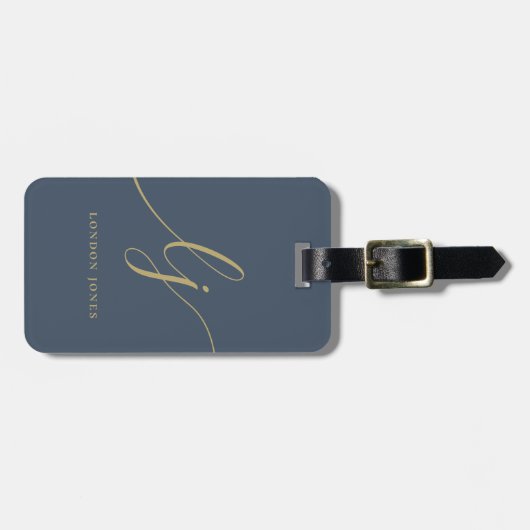 Moderne Monogram Script Calligrafie Navy Blue Gold Bagagelabel (Voorkant horizontaal)