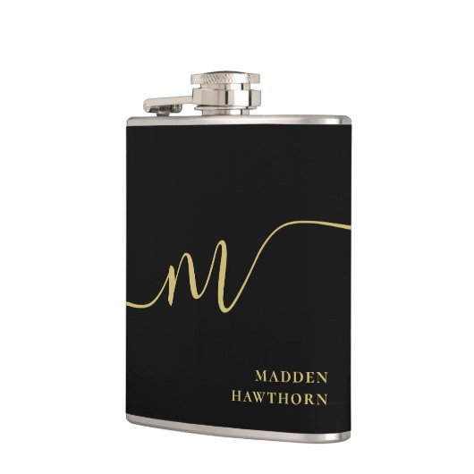 Moderne Monogram Script Calligrafie Zwart Goud Naa Heupfles (Links)
