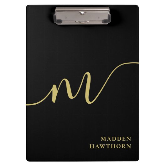 Moderne Monogram Script Calligrafie Zwart Goud Naa Klembord (Voorkant)