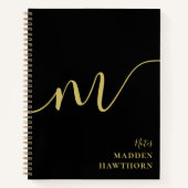 Moderne Monogram Script Calligrafie Zwart Goud Naa Notitieboek (Voorkant)