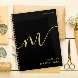 Moderne Monogram Script Calligrafie Zwart Goud Naa Planner