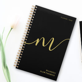 Moderne Monogram Script Calligrafie Zwart Goud Naa Planner