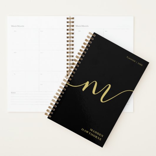 Moderne Monogram Script Calligrafie Zwart Goud Naa Planner (Display)