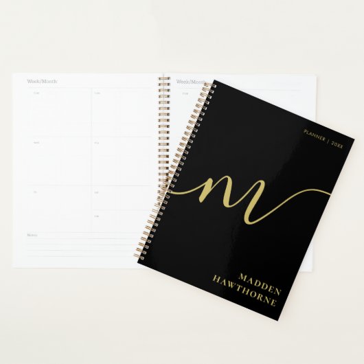 Moderne Monogram Script Calligrafie Zwart Goud Naa Planner (Display)