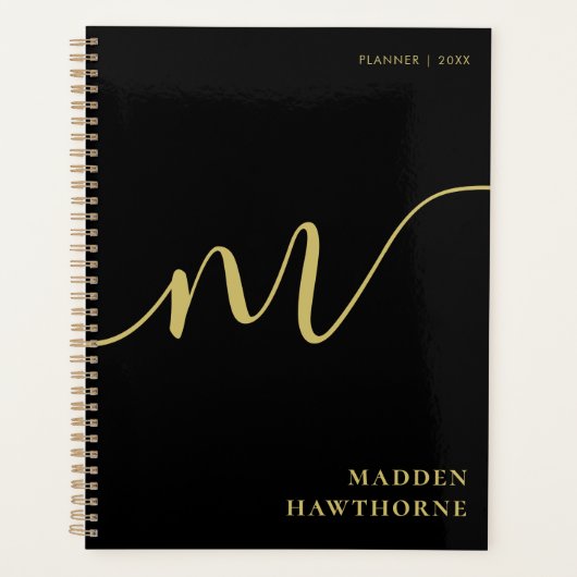 Moderne Monogram Script Calligrafie Zwart Goud Naa Planner (Voorkant)