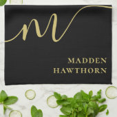 Moderne Monogram Script Calligrafie Zwart Goud Naa Theedoek (Gevouwen)