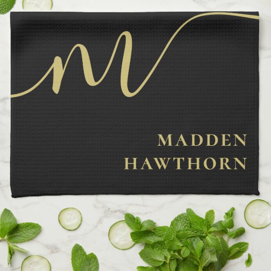 Moderne Monogram Script Calligrafie Zwart Goud Naa Theedoek (Gevouwen)
