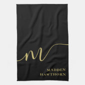 Moderne Monogram Script Calligrafie Zwart Goud Naa Theedoek (Verticaal)