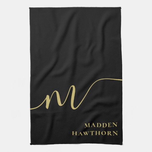 Moderne Monogram Script Calligrafie Zwart Goud Naa Theedoek (Verticaal)