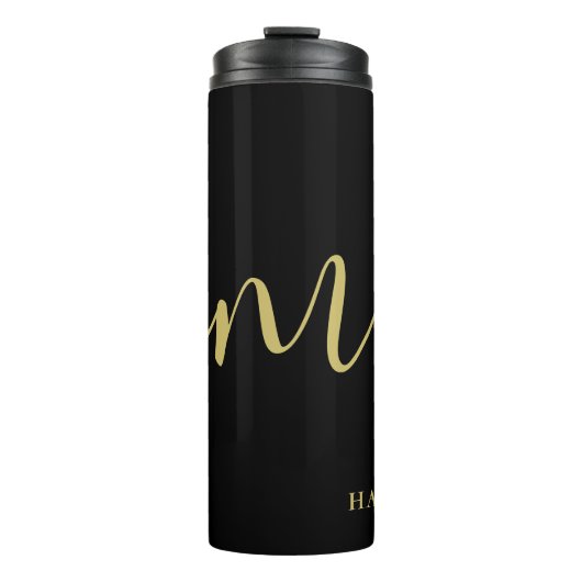 Moderne Monogram Script Calligrafie Zwart Goud Naa Thermosbeker (Voorkant)