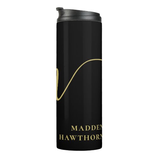 Moderne Monogram Script Calligrafie Zwart Goud Naa Thermosbeker (Geroteerd rechts)