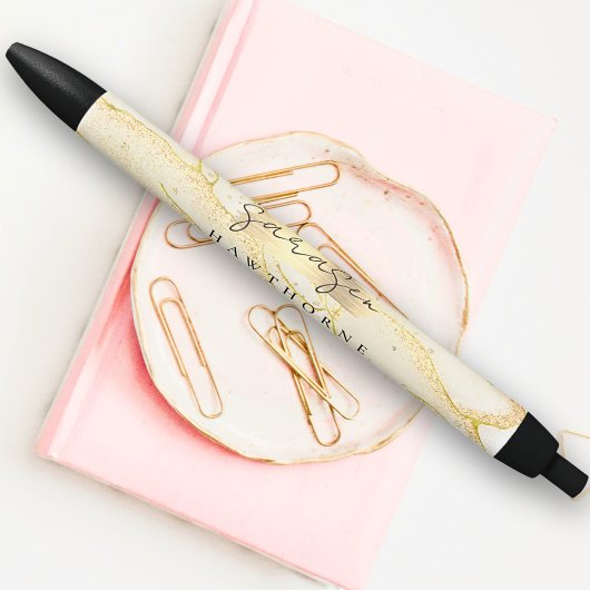 Moderne Monogram Script Elegant Ivoor Goud Glitter Zwarte Inkt Pen