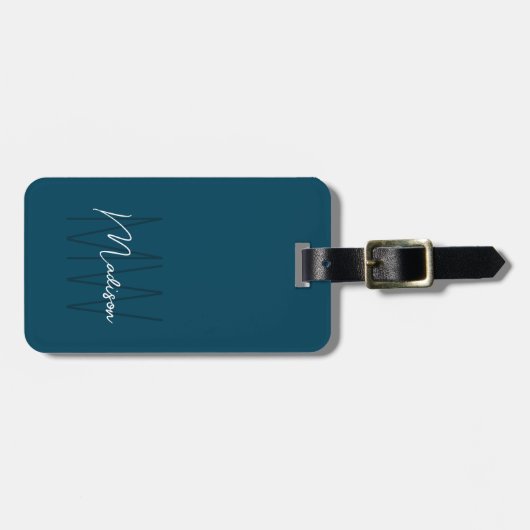Moderne Monogram Script Naam Blauw Bagagelabel (Voorkant horizontaal)