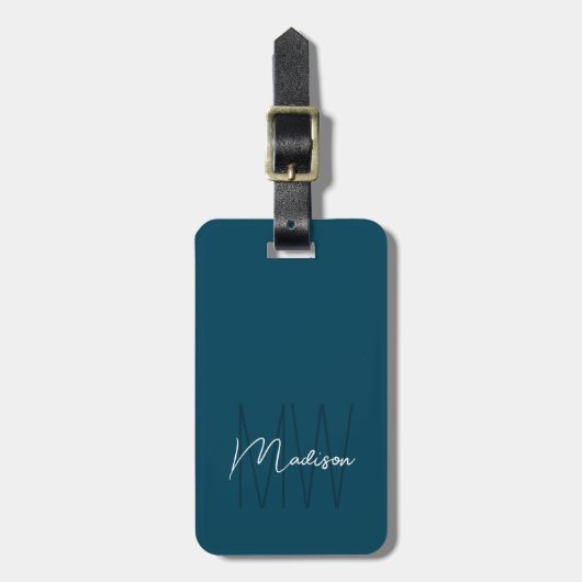 Moderne Monogram Script Naam Blauw Bagagelabel (Voorkant verticaal)