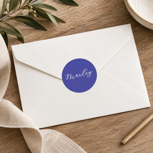Moderne monogram script naam blauw ronde sticker