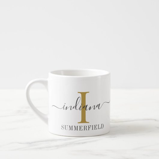 Moderne Monogram Script Naam Gouden Initiaal Espresso Kop (Links)