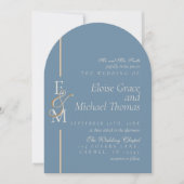 Moderne Monogram Script Stofblauwe Boog Bruiloft Kaart (Voorkant)